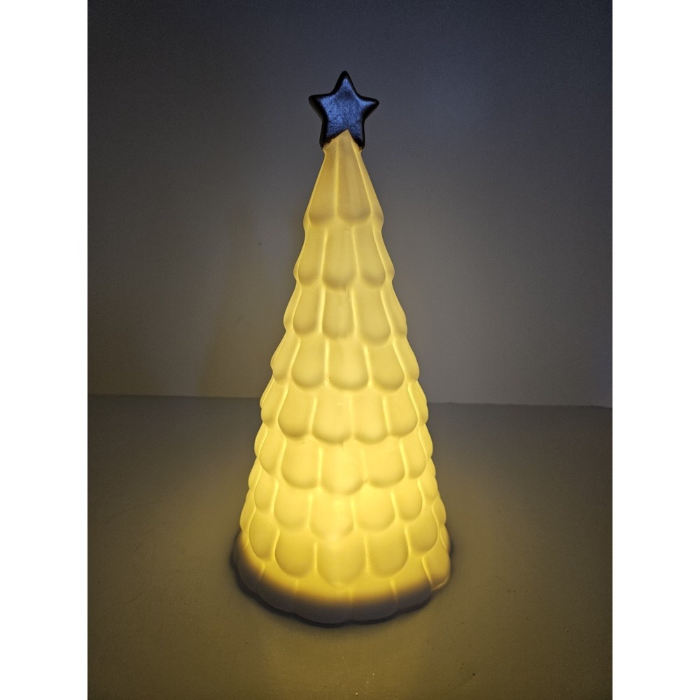 White Ceramic Christmas Tree Light Up Tabletop Luminary Gold Star Topper 10.5"